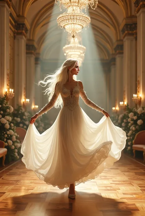 A beautiful Instagram model with long white hair and green eyes, dancing in a grand ballroom, a dashing partner spinning her under golden chandeliers.