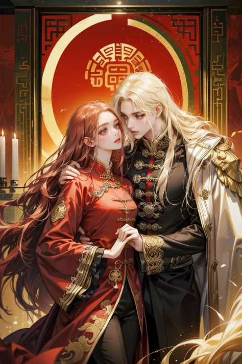  digital art ,1girl and 1man、((The woman has long wavy red hair and long, long green eyes and wears a crimson coat richly decorated with long green eyes))、((The man is slender, has long blond hair, golden eyes, and wears a simple black coat in the ancient ...