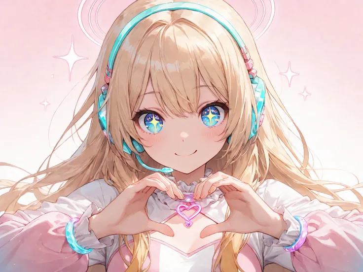 (masterpiece, best quality, ultra-detailed character, high resolution, 8k), 1girl, blonde hair, blue eyes, anime-style, cute girl, VTuber theme, long hair, sparkling eyes, cheerful expression, pastel outfit, glowing accessories, headset, holographic detail...