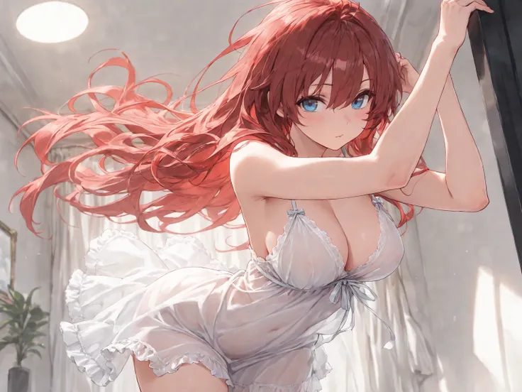 (masterpiece, best quality, ultra-detailed character, high resolution, 8k), 1girl, red hair, long hair, blue eyes, negligee,, perfect composition,