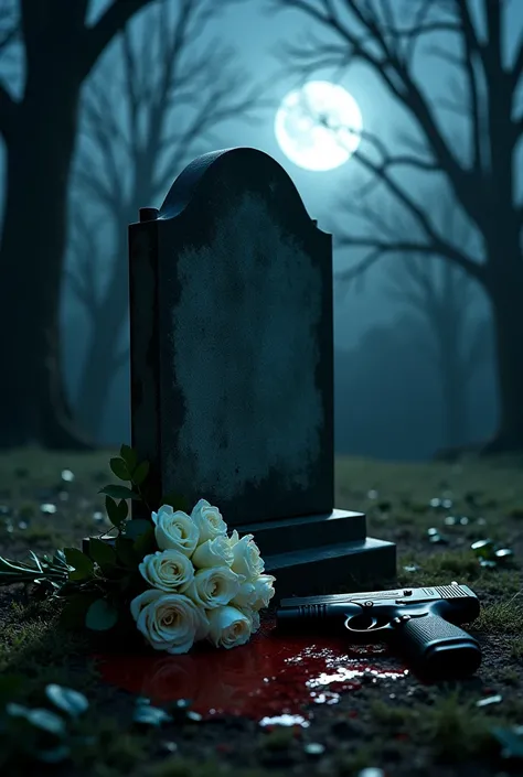 A tombstone in the cemetery at night with a bouquet of white roses and a gun laying down near it, with bloodstains around it in a gothic style 