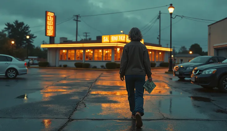 Dona Lourdes walking away from the parking lot, holding a twenty-dollar bill, walking toward a diner with a sense of relief