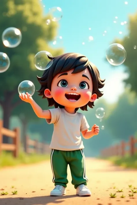 small girl blowing bubbles from the bubble bottle wearing white t-shirt and green sweatpants with white line on side and white shoes very cute animated