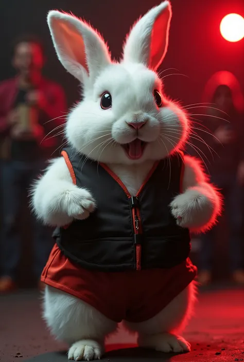 A beautiful white rabbit little chubby with bodybuilder body wearing stylish outfit of wrestling black and red surrounding of beautiful people cheering up with joy to courage the rabbit in dark atmosphere glow lighting 