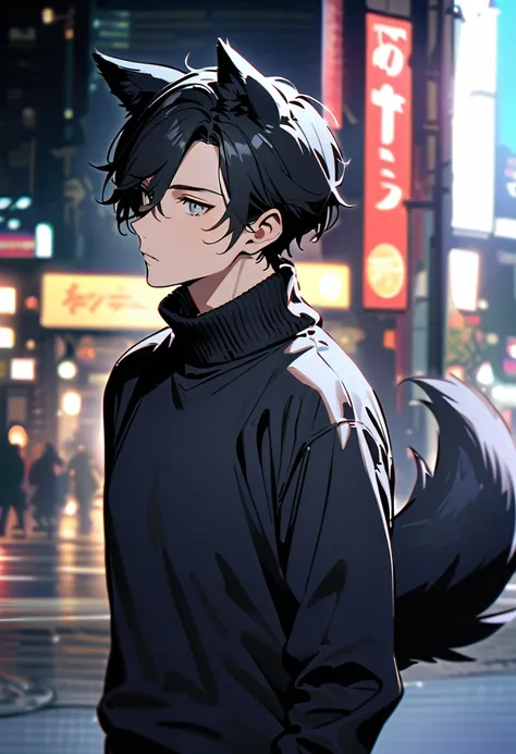 Male person, having black sweater on, black hair, black wolf ears, black wolf tail, at the age of 30, with grey eyes, in a modern world