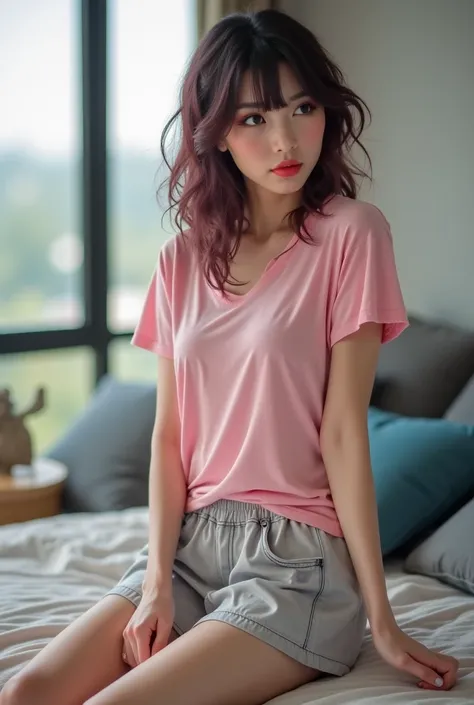 (masterpiece), best quality, high quality, blurred background, depth of field, (((femboy, feminine boy, crossdresser))), (small chest, flat chest), perfect hands, perfect fingers, 30s, dip dye hair, loose hair, messy hair, minimal make up, wide eyes, perfe...