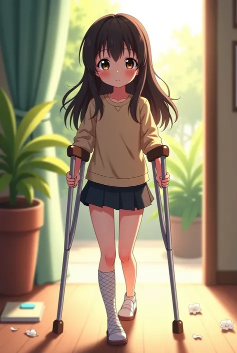 An anime girl with a cast all over her foot walks on crutches