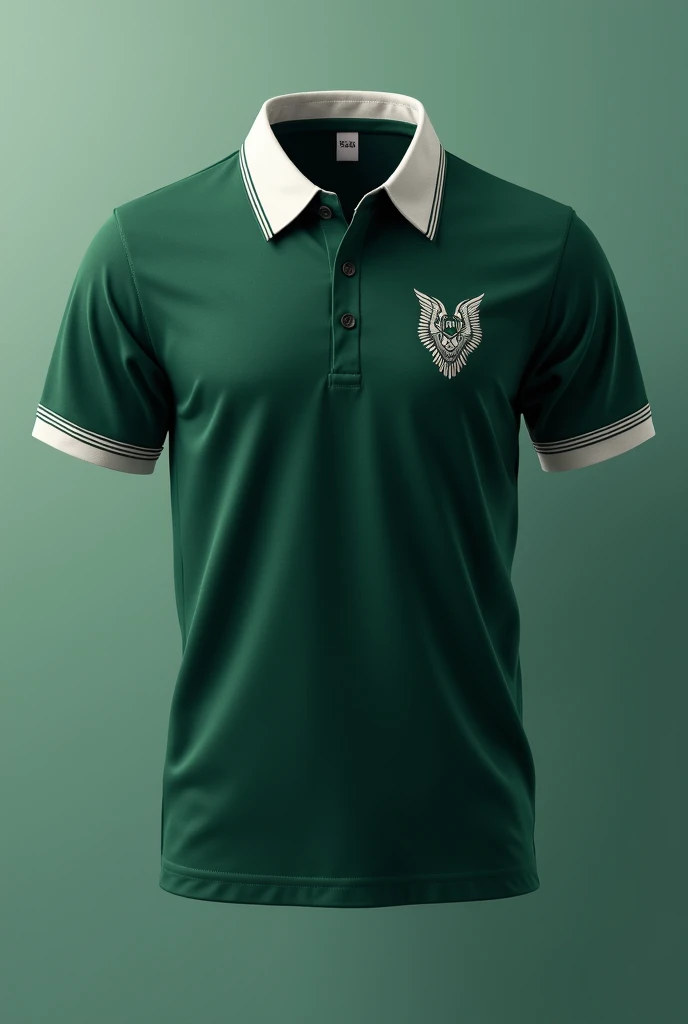 moss green promotion shirt with white collar and white lines on the sleeves with a monogram of Alan's design of an angel and that says promotion 2025 