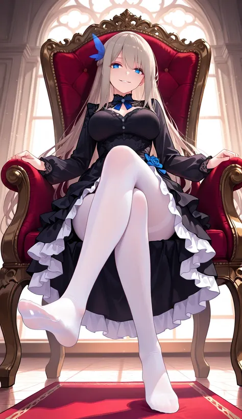 ((masterpiece)),(((best quality))),((ultra-detailed)),((illustration)),((disheveled hair)),((frills)),(1 girl),(solo),
1 girl,Lexington \(warship girls r\),solo,full body,Flaxen long hair(delicate eyes),(blue eyes),
sitting on a throne,crossed legs,evil sm...