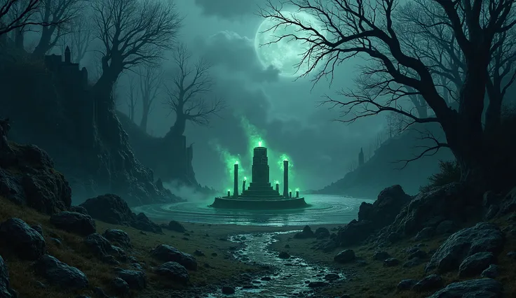 Imagine a sinister landscape enveloped in perpetual twilight, where the sun is obscured by thick, swirling mists. A twisted forest of gnarled, blackened trees looms in the foreground, their bare branches flickering with ghostly wisps. Scattered ruins of an...