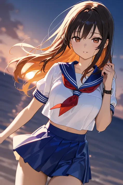    long dark hair,  、  sailor suit 