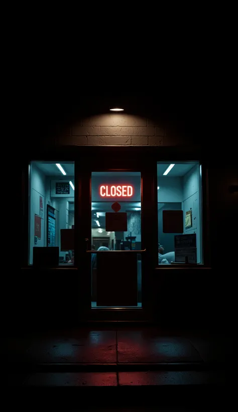 that looks like a store closed in the silence of the night, on the front door of the store there is a sign "CLOSED" glowing , indicates that the store is closed . And the reflection of street lights gives a gripping atmosphere