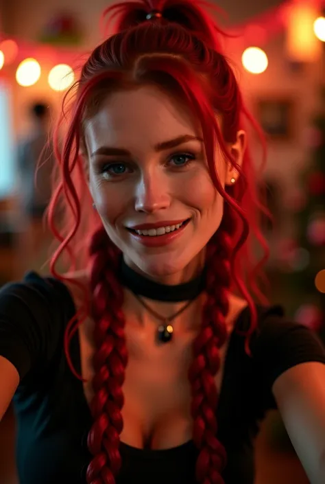 a beautiful woman with long red braided hair in a ponytail, candid selfie at a house party, smiling and enjoying the atmosphere, beautiful detailed face, beautiful detailed eyes, beautiful detailed lips, extremely detailed eyes and face, long eyelashes, ph...