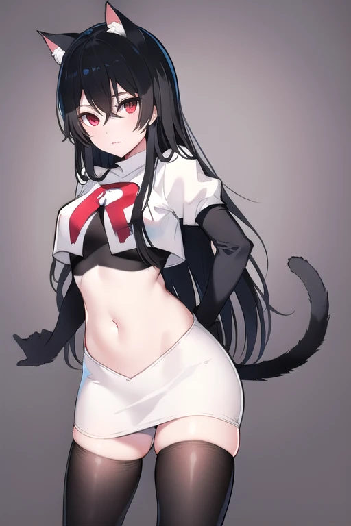 -1girl, solo, cat tail, tail, animal ears, red eyes, cat ears, long hair, black hair, breasts, cat girl, simple background, looking at viewer, hair between eyes, bangs, very long hair, medium breasts, tail raised, animal ear fluff, team rocket,team rocket ...