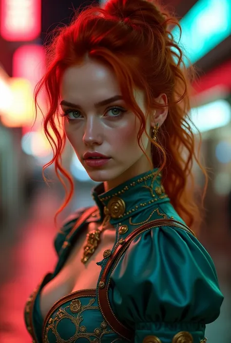 A stunning red-haired woman in a modern, urban fantasy setting, wearing a stylish teal and gold outfit with intricate embroidery and leather details. She has emerald green eyes, soft yet confident facial features, and a mysterious expression. Her wavy hair...