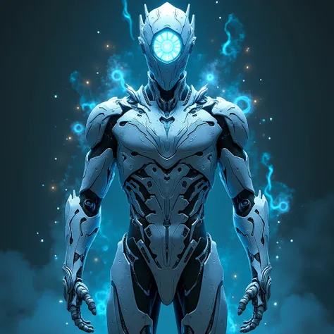 A majestic digital warrior with a single enormous, luminescent eye embedded in a sleek, angular head. His body is clad in intricately designed, futuristic armor in silver with glowing blue circuit-like patterns. Multiple cybernetic limbs merge with mystica...