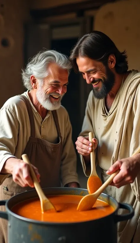 The image depicts an intimate and warm moment between two figures. The central characters are an elderly man with gray hair and a man who resembles a traditional depiction of Jesus, with dark brown hair and a beard and blue eyes. Both are smiling, sharing ...