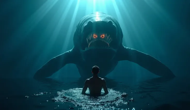 A swimmer in clear view,A diver in the foreground, facing or swimming away from a massive, terrifying sea creature.  
- A dark, deep-blue ocean background with beams of light for dramatic effect.  
- The creature’s glowing eyes, sharp teeth, or bioluminesc...