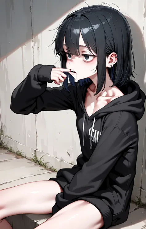 sfw,gyaru,solo loli_girl,black hair,small breast,[emaciated:1.3],sulking,drooling,blank stare,finger in own mouth,hoodie