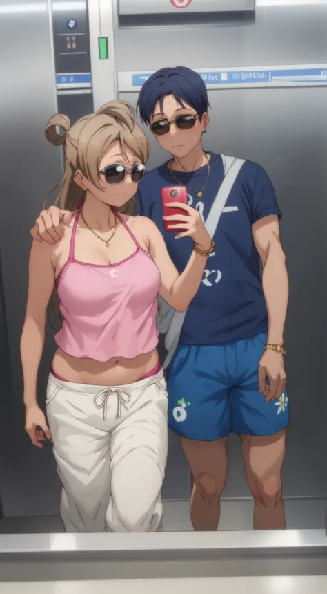 Boy and girl taking a selfie in an elevator, her belly button is exposed, in an elevator, belly button showing, love live, bikini bottom slightly visible,girl wearing sunglasses