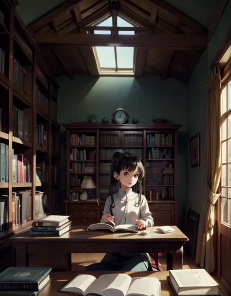 masterpiece, best quality, nice hands, perfect hands, 1girl, ghibli studio style,ghibli style. butterflies, books, bookshelves, study table. spring, positive things related to spring. ,highres 