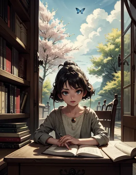 masterpiece, best quality, nice hands, perfect hands, 1girl, ghibli studio style,ghibli style. butterflies, books, bookshelves, study table. spring, positive things related to spring. ,highres 