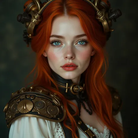 Real looking beautiful pale-skinned young woman with scarlet red wavey long hair, red lips and blue eyes wearing a steampunk outfit