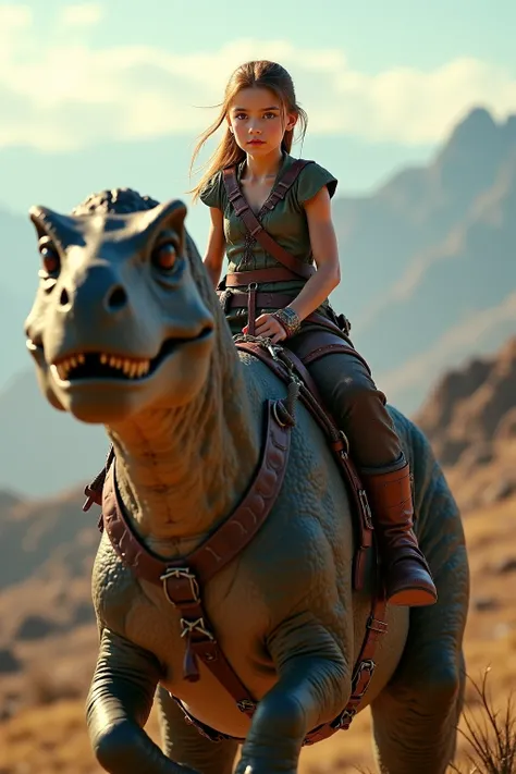 A  is riding on a dinosaur. The dinosaur has a saddle. The girl has a battle dress. Realistic cinematic 8k.