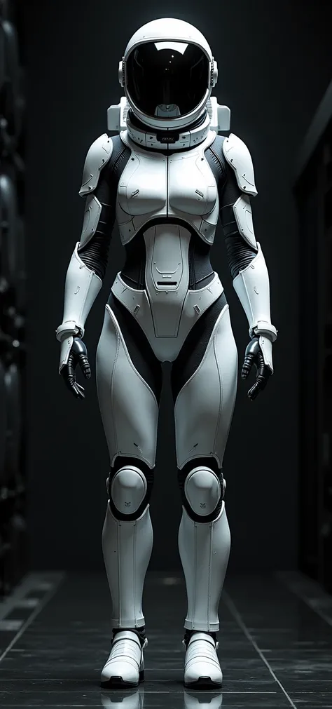 ((beautiful detailed picture:1.8)),(photorealism: 1.4),standing, front full body view, view boots,,Female in a white armoured space combinaison, shiny mirror black helmet, in a black spaceship, a lot of details 