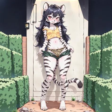 (furry, kemomo:1.5), solo, alone, detailed white tiger girl, detailed wild and unkempt hair, long black hair, detailed face, detailed animal nose, detailed cat ears, detailed cat eyes, crimson eyes, detailed slit pupils, blushing, teasing, tall stature, de...