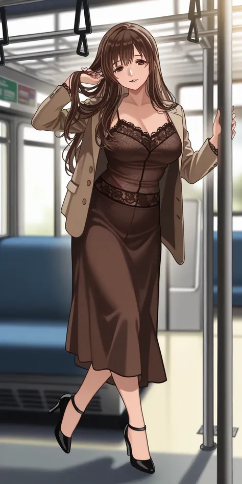 mature female, tachibana hina, straight long hair, looses hair, brown camisole (dark chocolate lace), open brown blazer, black mini span, black high heels, full body, parted lips, smile,  milf, on the bus (hanging on the bar), soft light, high detailed