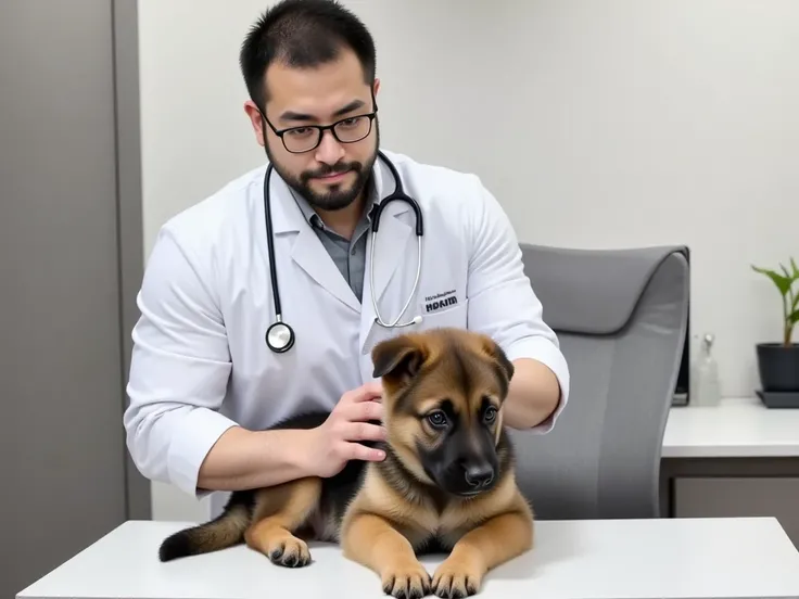 A professional photography of george bernard, wide angle, stock photo, A young Asian vet in a white coat with a stethoscope on his neck examines a German shepherd puppy on a table in a veterinary clinic.