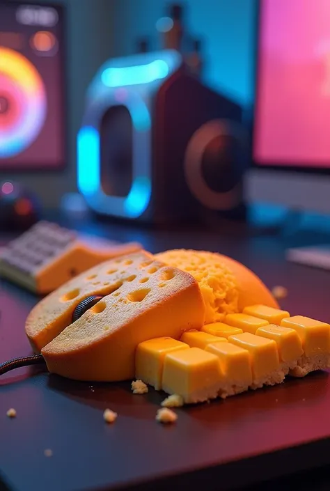 Create for me a mouse and keyboard made of cheese bread in a gamer environment