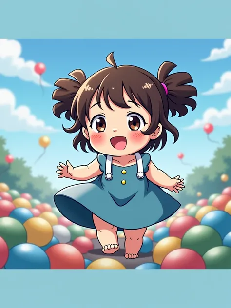 Ghibli art baby girl smiling, , round face,small nose, blushing cheeks, brown short curly hair tied in pigtails with bangs, white dress straps, playing in a little ball pit 