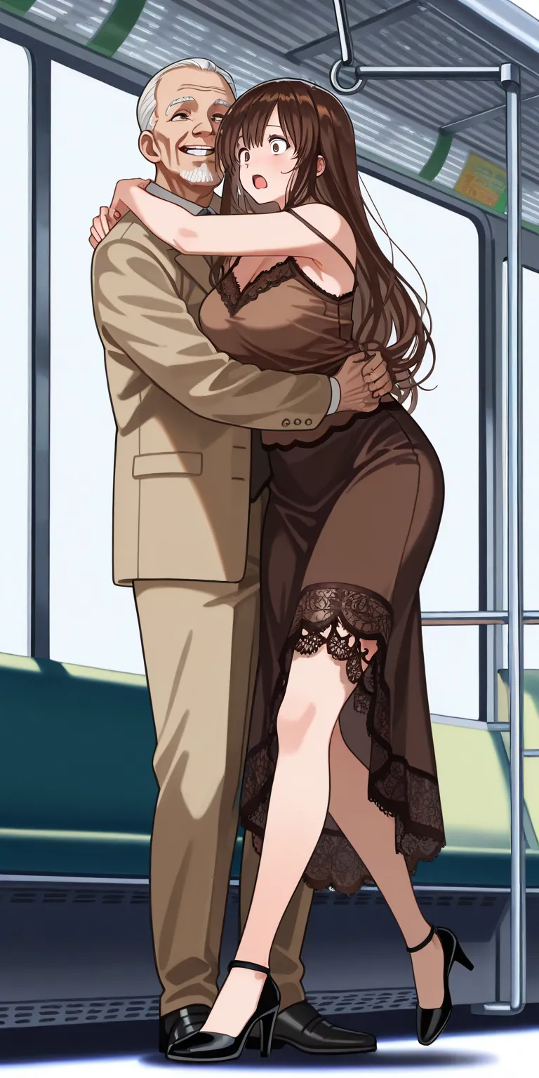 mature female, tachibana hina, straight long hair, looses hair, brown camisole (dark chocolate lace), open brown blazer, black mini span, black high heels, full body, surprised, open mouth, milf, on the bus (hanging on the bar), old men hug from behind, gr...