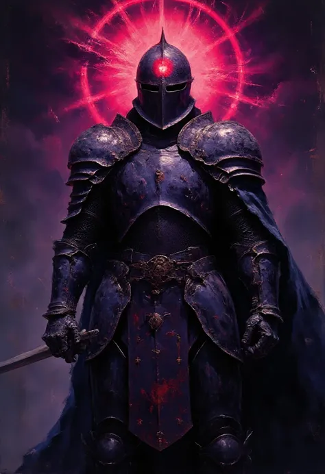 A black knight in ornate armor. Its head is a red orb illuminated by reddish rays,  scarlet black light,  your hands are illuminated by dark magic.  The setting is dark with the space of the cosmos purple and eternal, Super Nova Green and Purple .