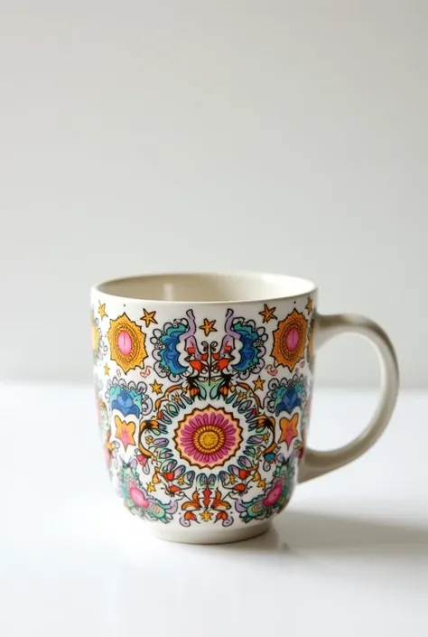 Ceramic white mug with a polymer clay design of Ramadan