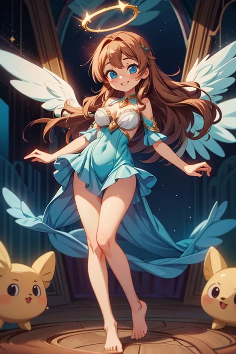 (masterpiece, best quality) cute anime angel girl, Brown long hair, delicate angel wings, barefoot, sexy smiling, sexy pose, coquette, beautiful long legs, mature girl, gorgeous body, pronounced breasts, big breast, standing, intricate details and sunlight...