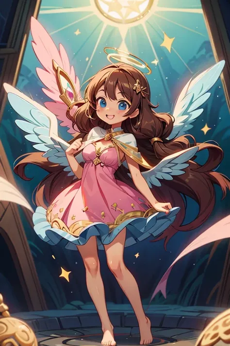 (masterpiece, best quality) cute anime angel girl, Brown long hair, delicate angel wings, barefoot, sexy smiling, sexy pose, coquette, beautiful long legs, mature girl, gorgeous body, pronounced breasts, big breast, standing, intricate details and sunlight...