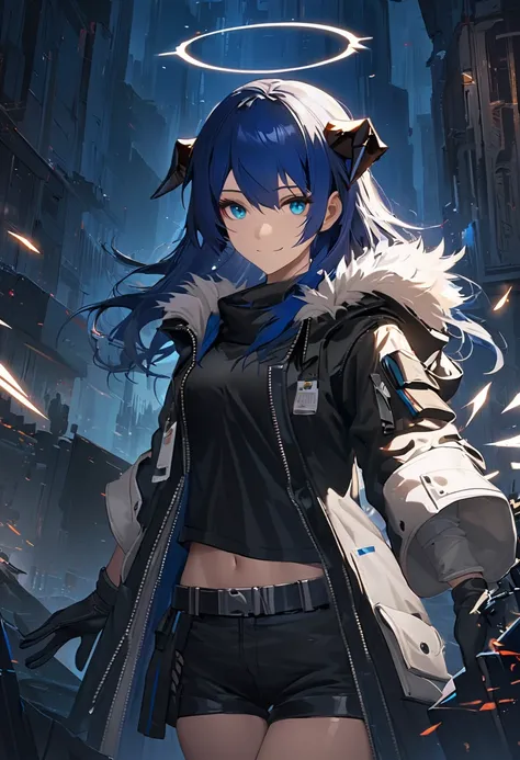 1girl, mostima (arknights), horns, solo, gloves, navel, halo, blue hair, shirt, long hair, looking at viewer, smile, white shirt, blue eyes, asymmetrical gloves, fur trim, white gloves, jacket, mismatched gloves, crotch, long sleeve jacket, black shirt, bl...