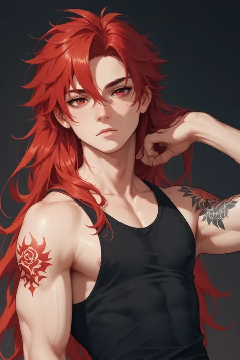  young guy clothes.  red long hair,  black tips .  red eyes. Wearing a black tank top.  Athletic build. red arm tattoo. sunburnt