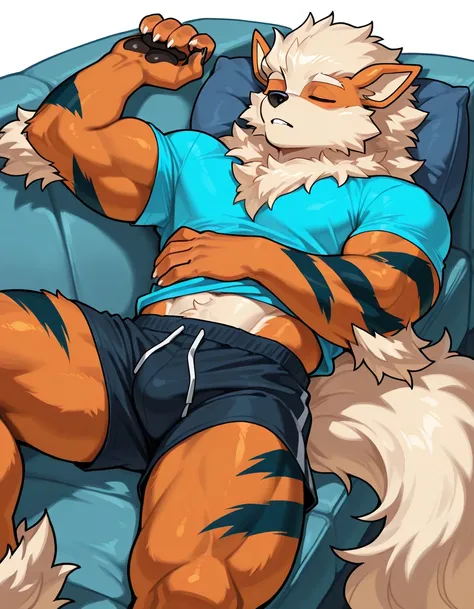 solo, male arcanine (fluffy fur, lean body, anthropomorphic arcanine, muscle, furry arms, furry hands, very furry), sleeping on couch, shirt off, femboy