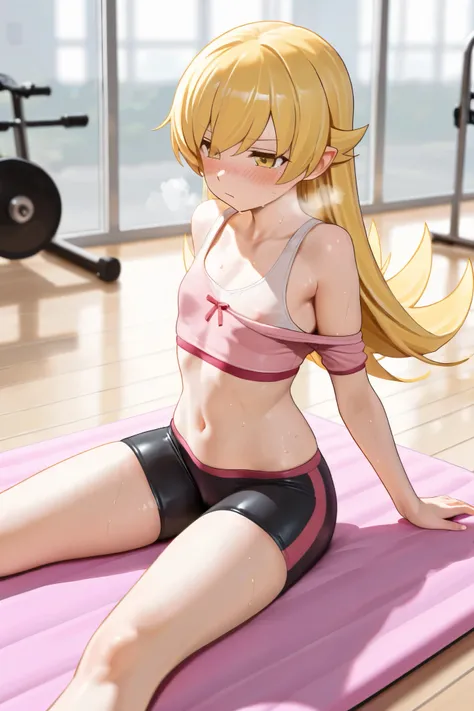 NSFW, Masterpiece, top quality, Hi-Res, very detailed,Shinobu Oshino\( monogatari series\), crop top shirt , off shoulder shirt, sports bra, spats,Gym, mat,sweat,blush, rough breath, feeling the face, massage