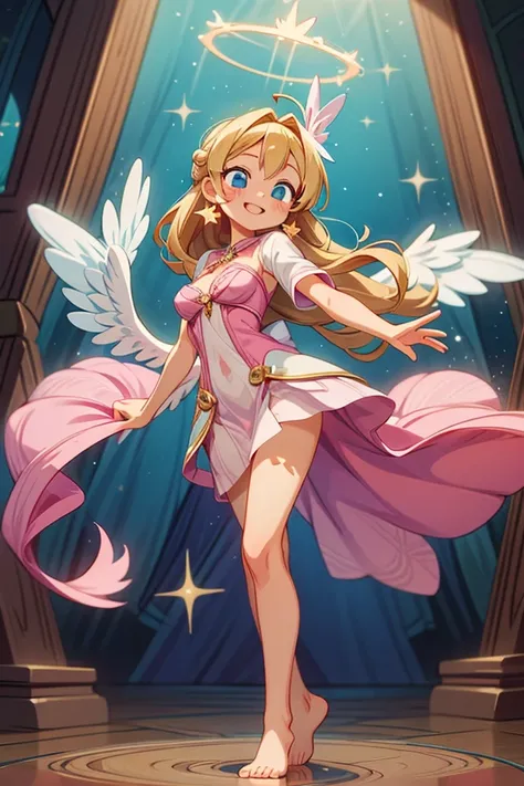 (masterpiece, best quality) cute anime angel girl, Blonde long hair, delicate angel wings, barefoot, sexy smiling, sexy pose, coquette, beautiful long legs, mature girl, gorgeous body, pronounced breasts, big breast, standing, intricate details and sunligh...