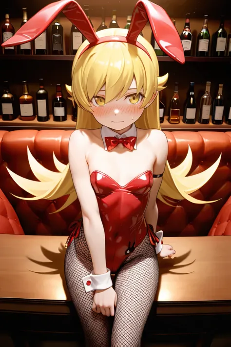 NSFW, Masterpiece, top quality, Hi-Res, very detailed,Shinobu Oshino\( monogatari series\), Playboy Bunny, fishnet tights,bar,Private room,Sofa, Low Table,Embarrassed,blush, lustful face, kiss