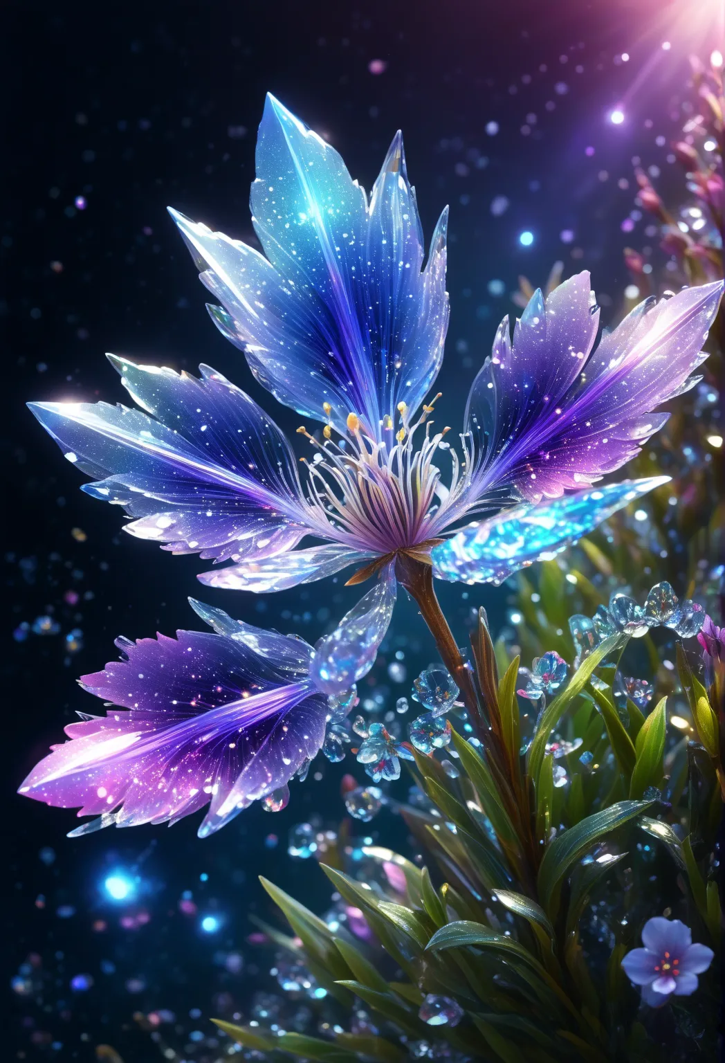 crystal spring blossom,
fantasy, galaxy, transparent, 
shimmering, sparkling, splendid, colorful, 
magical photography, dramatic lighting, photo realism, ultra-detailed, 4k, Depth of field, High-resolution