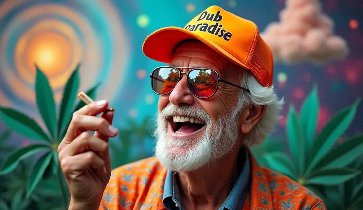 A vibrant and surreal portrait of an elderly man, wearing an orange trucker hat that says 'Dub Paradise' and stylish reflective sunglasses. He is laughing joyfully while holding a little joint, surrounded by oversized cannabis leaves and psychedelic clouds...