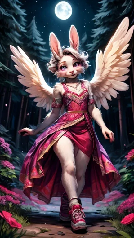 Luminara in the Enchanted Forest:

A beautiful young white Bunny with delicate wings, dressed in a shimmering lilac gown adorned with silver stars and matching sparkly shoes.
She dances gracefully among moonlit flowers, leaving a trail of stardust in the f...