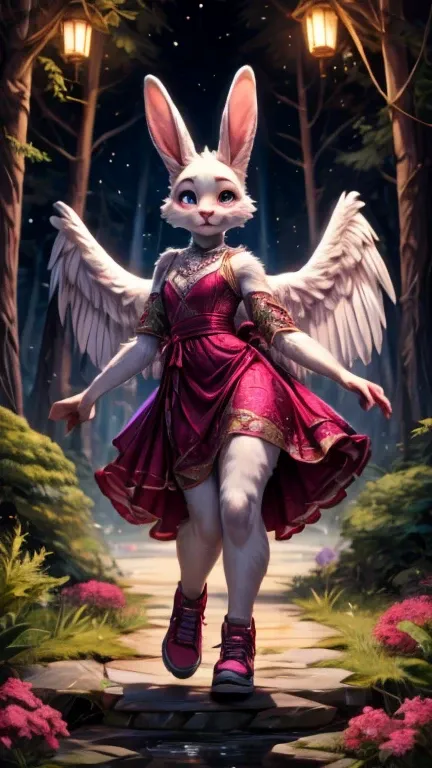 Luminara in the Enchanted Forest:

A beautiful young white Bunny with delicate wings, dressed in a shimmering lilac gown adorned with silver stars and matching sparkly shoes.
She dances gracefully among moonlit flowers, leaving a trail of stardust in the f...