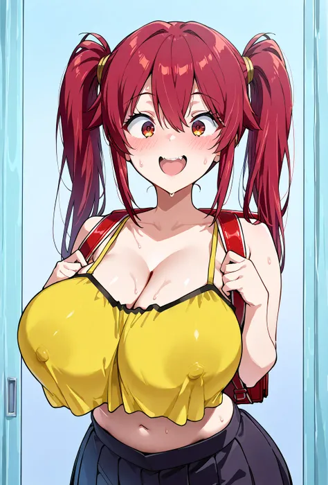 Red-haired girl with twin pigtails, yellow top with strappy neckline,  navel , black pleated skirt, sweat, blush,  thin,  flat stomach ,  wide hips,  round butt, large heavy breasts,  thin,  tall height, smile, open mouth,  backpack helmet on the back ,  A...